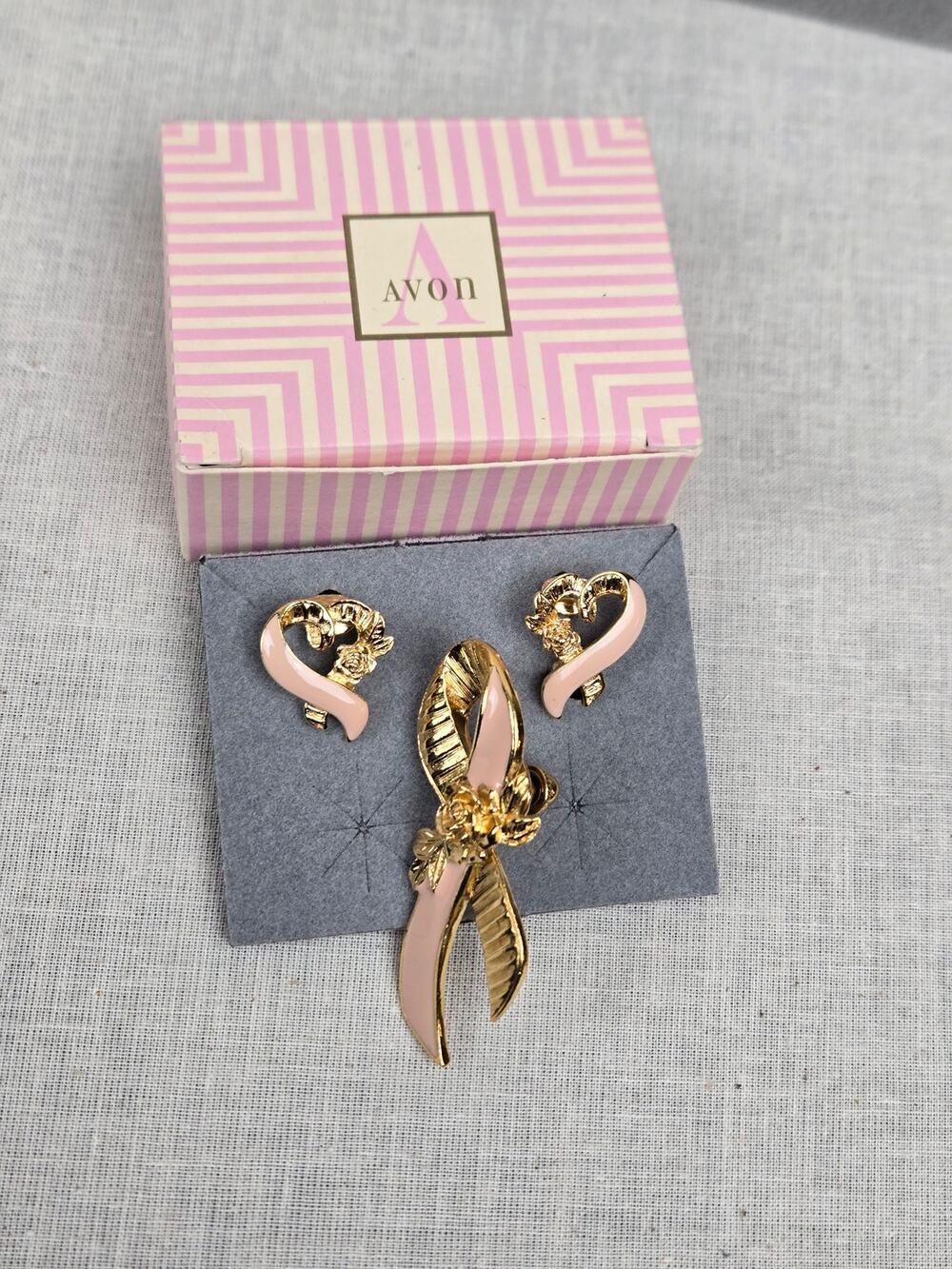 AVON Pink Ribbon Clip Earrings with brooch Breast Cancer Support